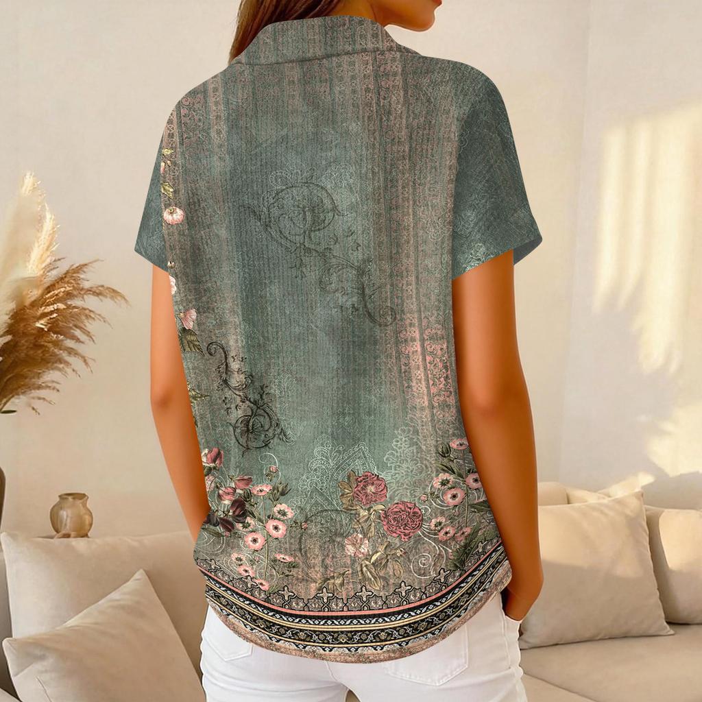 Women’s Casual Short Sleeve Waffle Knit Polo Shirt with Vintage Floral Print and Turn Down Collar for Daily Wear