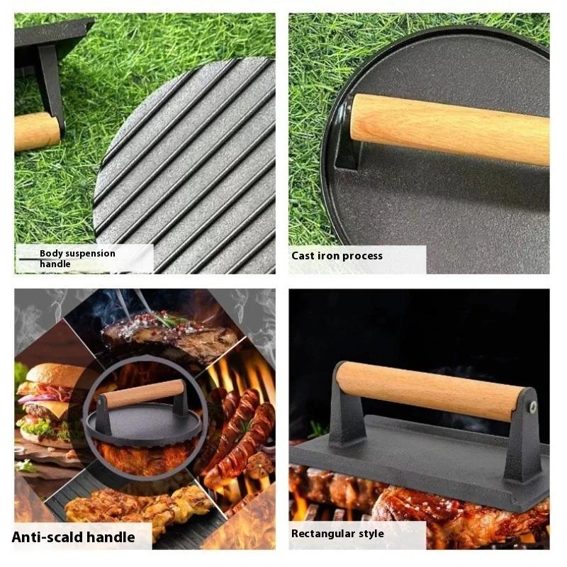 Cast Iron Rectangular Meat Press Round Steak Burger Press Barbecue Press for Flat Top Grill Hamburger