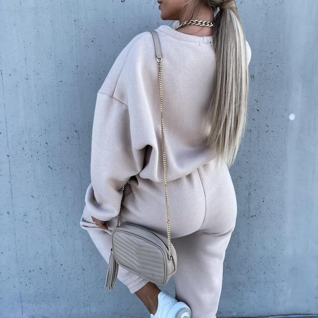 Women Solid Color Long Sleeve O Neck Hoodies Suit Autumn Winter Loose Top Wide Leg Pants