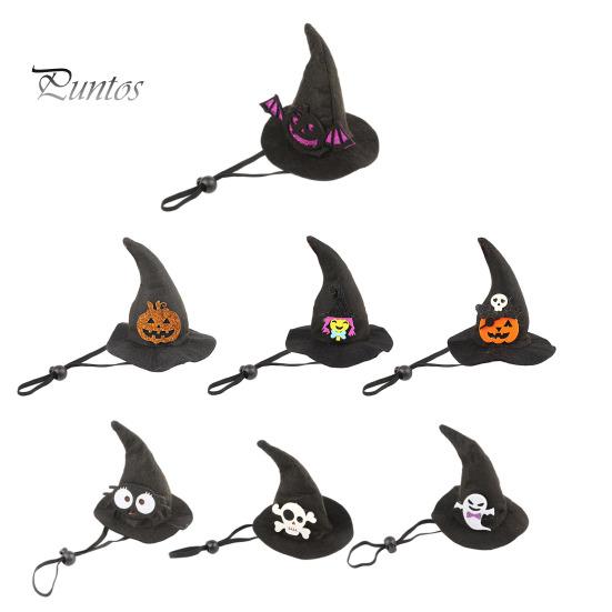 Lightweight Pet Headgear Halloween Cat Witch Hat, Fun Hat with Adjustable Elastic Strap, Cartoon Ghost Pumpkin Bat Skull for Cats Small Dogs