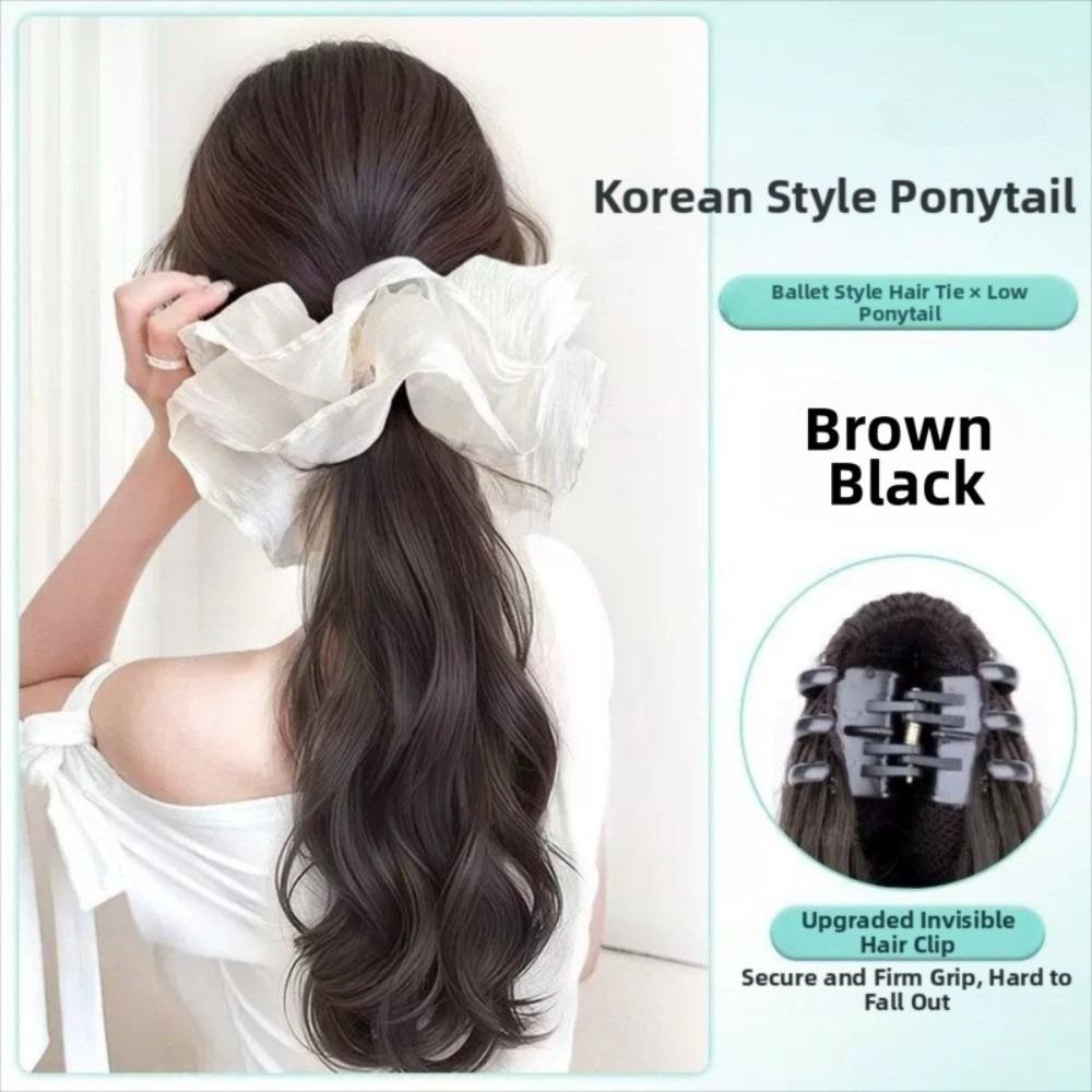 Synthetic Ballet Skirt Scrunchie Hair Piece with Grab Clip Long Wavy Layered Ponytail For Women