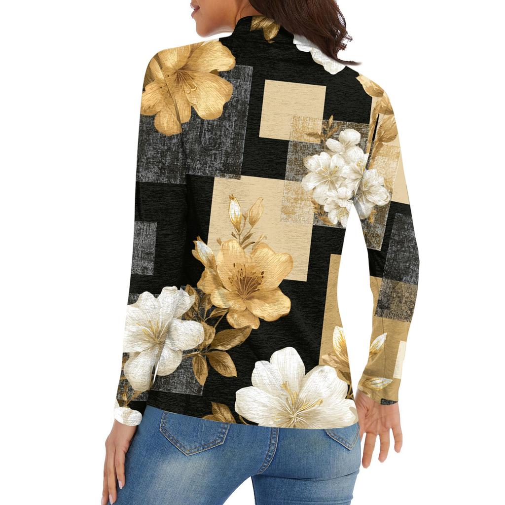 Women's Casual Fashion Retro Floral Print Long Sleeve Zipper Neck Top T-shirt