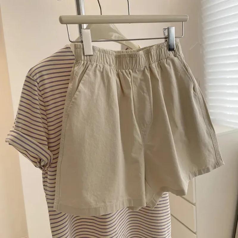 Women's Elastic High Waist Casual Shorts Multi-Color Cotton Blend Wide Leg Summer Shorts with Pockets