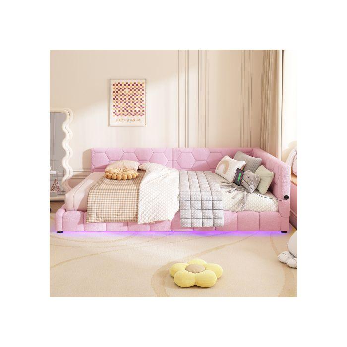 Canapé-lit - MUVOE - 140x200 cm - Laine rose - LED ambiance - Chargeur USB