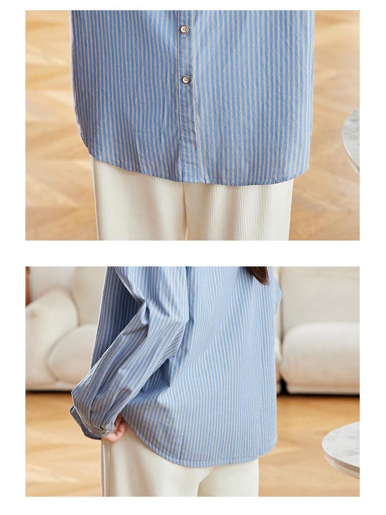 Women's Blue Striped French Vintage Loose Cotton Shirt, Versatile Long Sleeve for Spring & Autumn