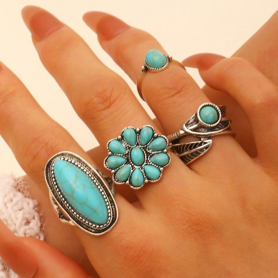 Juego de 5 Anillos Color Plata Retro Envejecido Anillos para el Dedo con Turquesa de Imitación Estilo Bohemio Versátil Apilable Joyería para el Dedo Regalo
