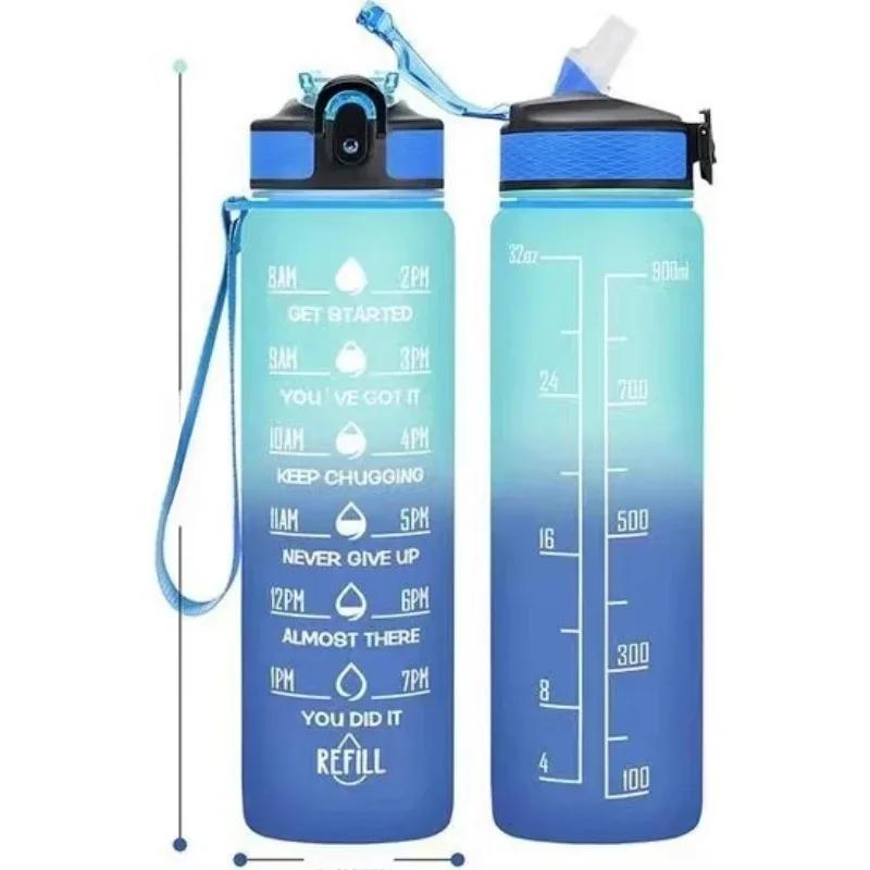 1000ml Motivational Sports Water Bottle Straw Bottle Leakproof Gradient Time Marker Drinkware for Gym Outdoor