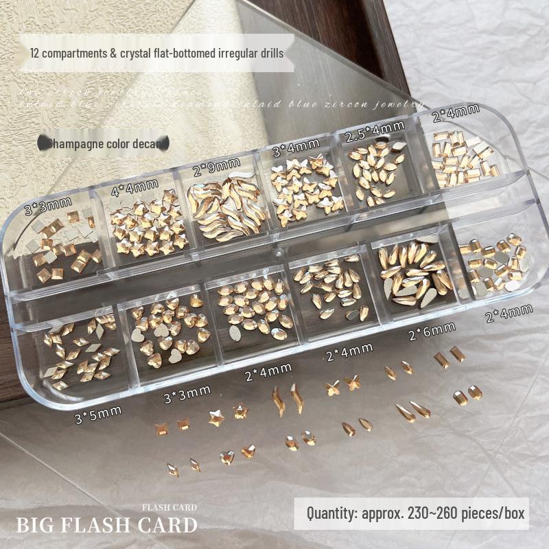 Flat-Bottom Irregular Diamond Nail Art Accessories: 12-Grids Crystal Champagne Pink DIY Nail Drills