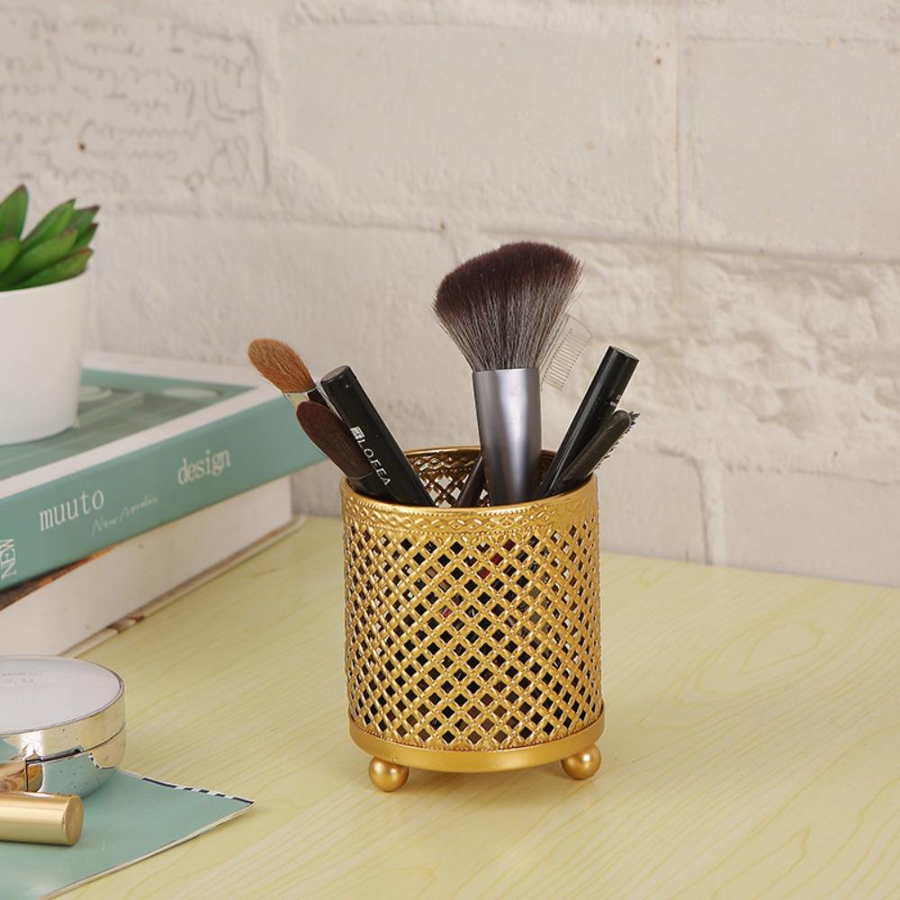 1Pz Tazza da Scrivania Decorativa in Metallo Dorato - Portapenne Stile Nordico e Organizer Multi-uso per Strumenti di Bellezza