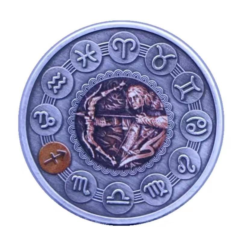 Twelve zodiac dual color commemorative coin, nickel ancient silver coin, sun and moon god, wish, angel, birthday gift, Christmas gift