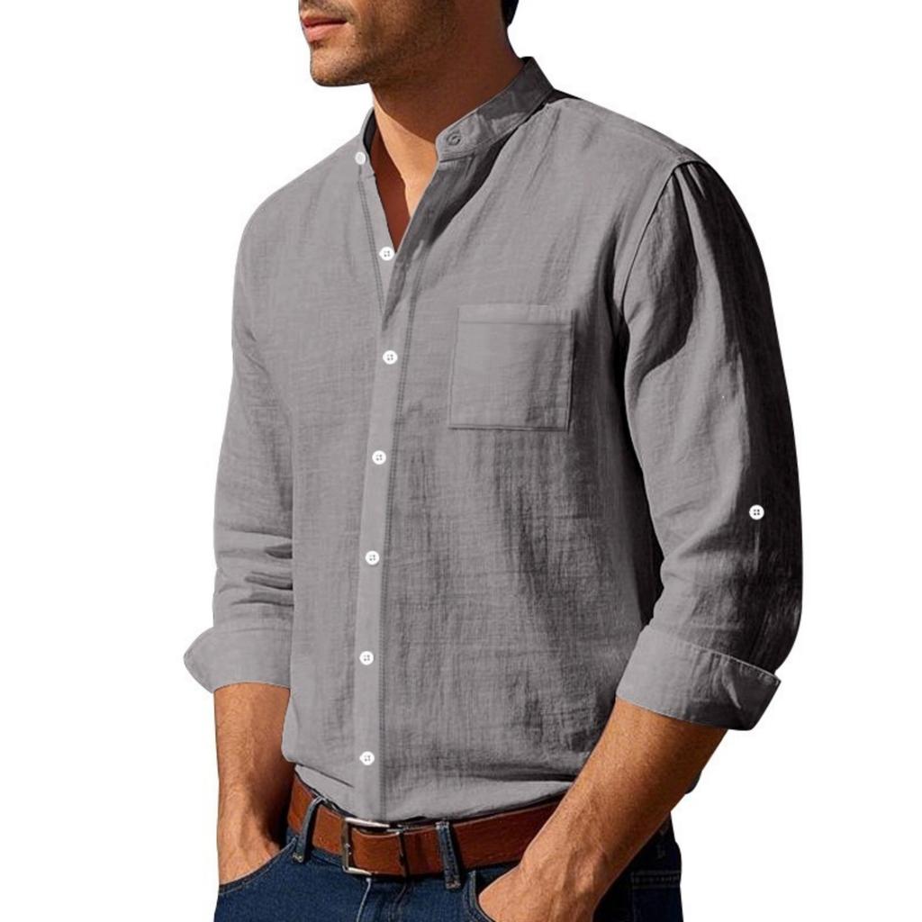 Men's Long Sleeve Linen Shirt Stand Collar Breathable Casual Pocket Shirt Lightweight Summer Top