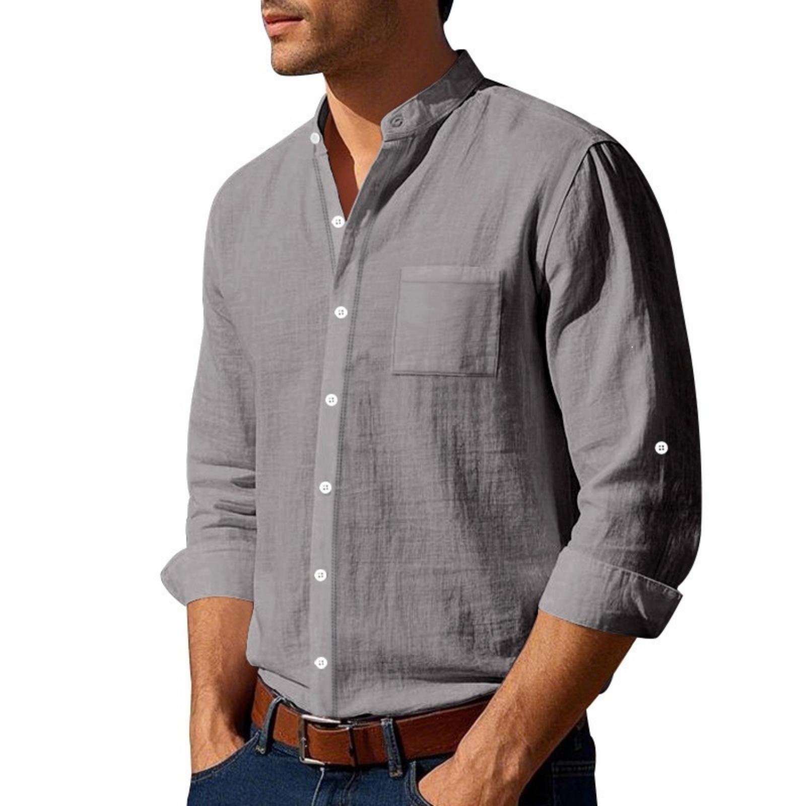 Men s Linen Long Sleeve Stand Collar Shirt with Pocket Breathable XXL