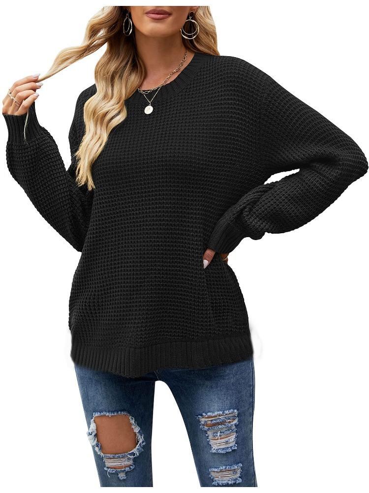 Autumn Winter Casual Round Neck Waffle Weave Long Sleeve Loose Fit Solid Colour Pullover Knit Sweater for Women Luxurious Relaxed Versatile Top