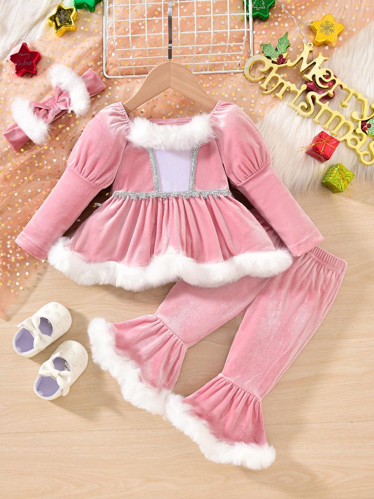 Baby Weihnachtsset Langarmkleid+Hose+Stirnband Dreiteiliges Set