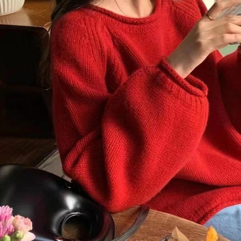 

Осенние новые длинные рукава свитера свитера женские модные повседневные однотонные элегантные O-образные трикотажные женские свитера зимние мягкие теплые женские вязаные джемперы 25514 One Size красный