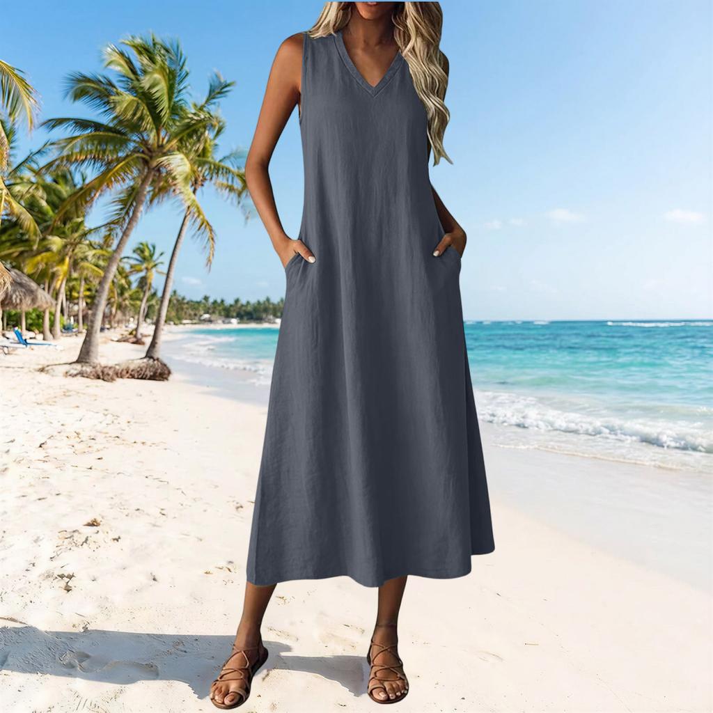 Women Sleeveless Casual V Neck Midi Dress with Zipper and Pockets Relaxed Fit Solid Color Tank Dress