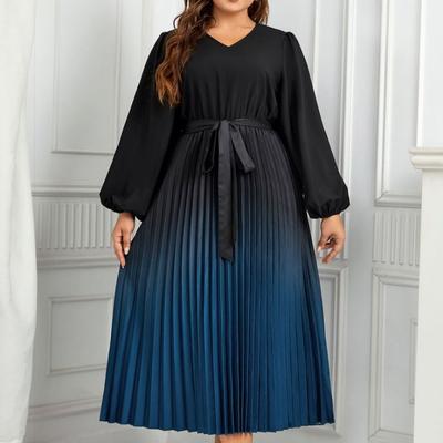 Lässige Langarm-Kleider für Damen, V-Ausschnitt, Übergrößen-Kleid für Damen, gemischte Farben, elegante Kleider, Bindekleid, modische Pendler-Kleider