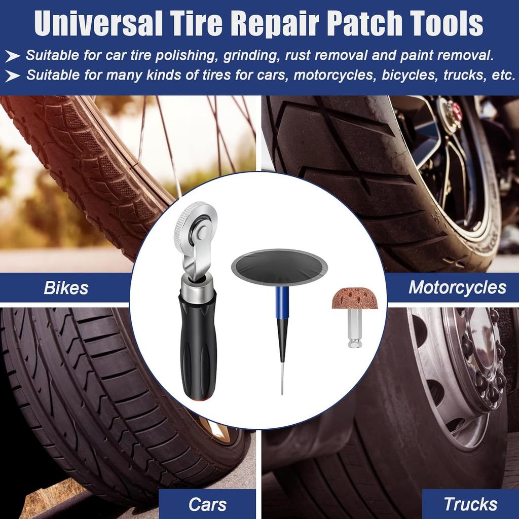 24+3PCS Tire Patch Kit, 24PCS Tire Repair Patch Plug Tool (36/46 / 60 Mm)/ Patch Roller Tool/Repair Buffing Wheel/Hex Shank Drill Bit
