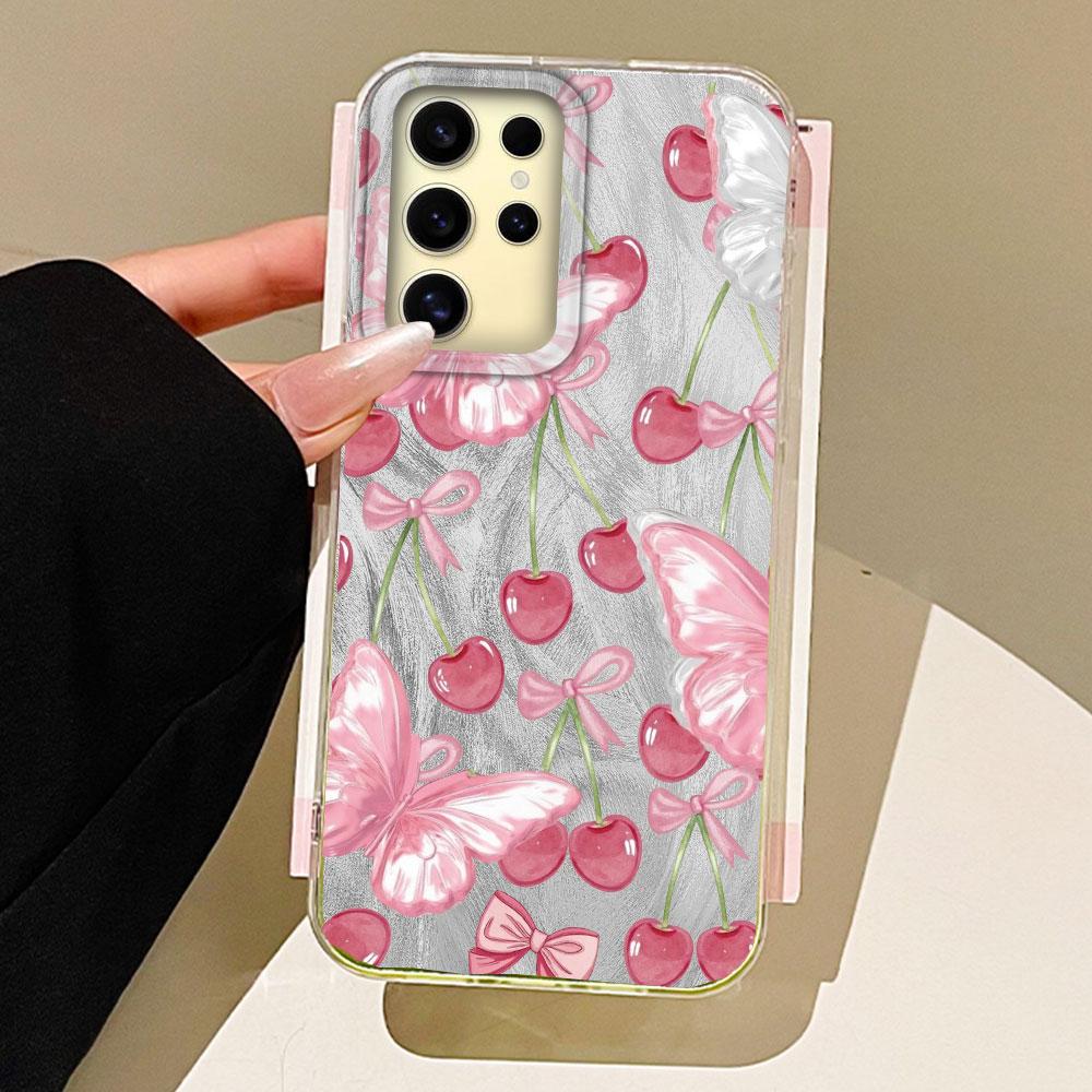 Pinke Frucht Kirsche Schmetterling Feder Textur Handyhülle für Samsung Galaxy S25 S24 S23 S22 S21 FE Plus Ultra Hülle Silikonabdeckung