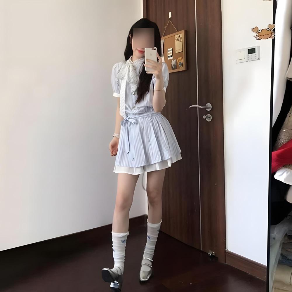 New Striped Shirt Bubble Sleeve Dress Versatile Women's Summer Korean College Style Design Waist Short Skirt