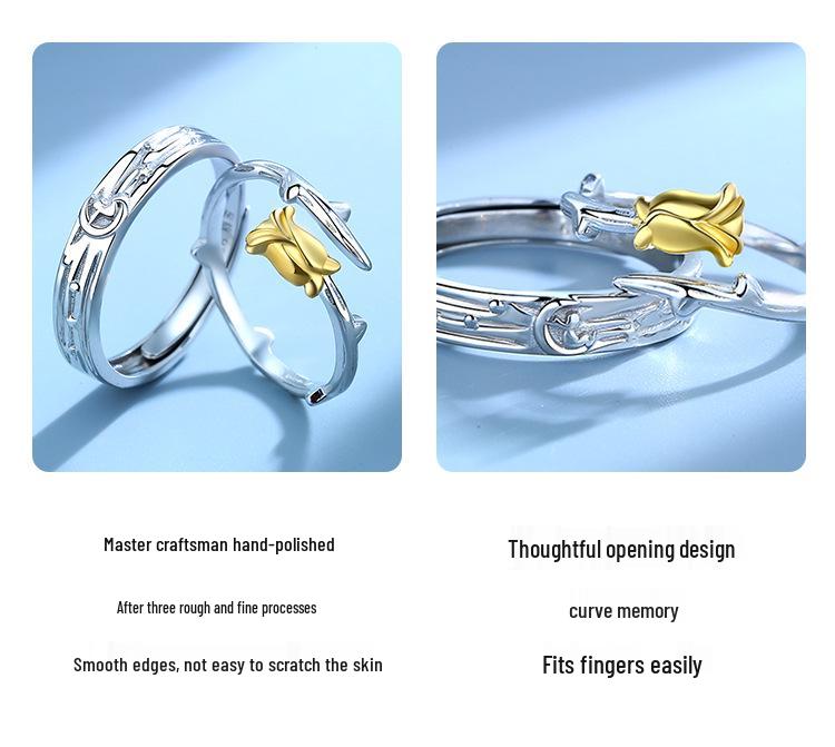 The Little Prince & Rose 999 Sterling Silver Adjustable Couple Rings, Gift for Men & Women
