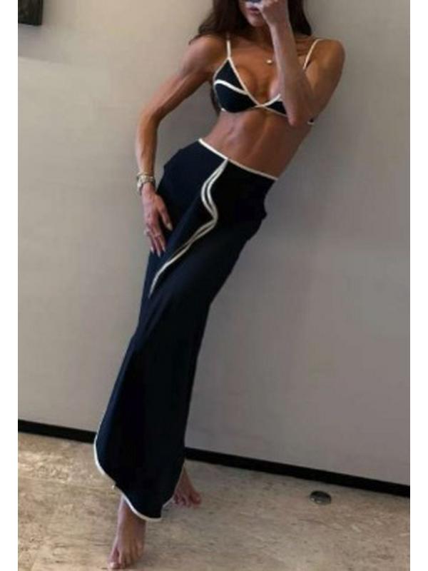 2025 European & American Color Block Bikini Dress 3-Piece Set for Seaside Vacation