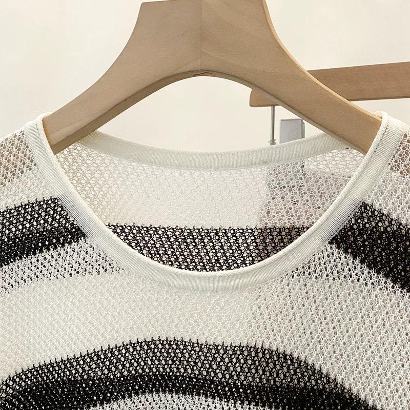 Women's Summer Striped Linen Knitwear: Openwork Long Sleeve Loose T-shirt Cardigan