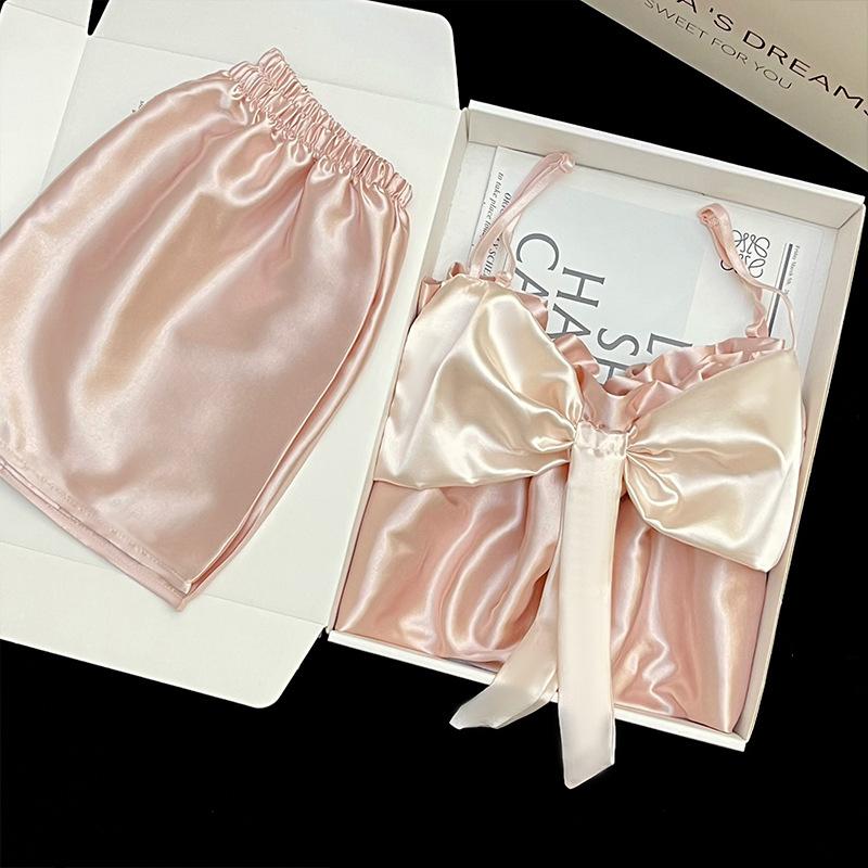 Summer Pajamas Women's Sweet Suspenders Shorts Pure Desire Wind Bow Cute Girls Loungewear Set Tiled