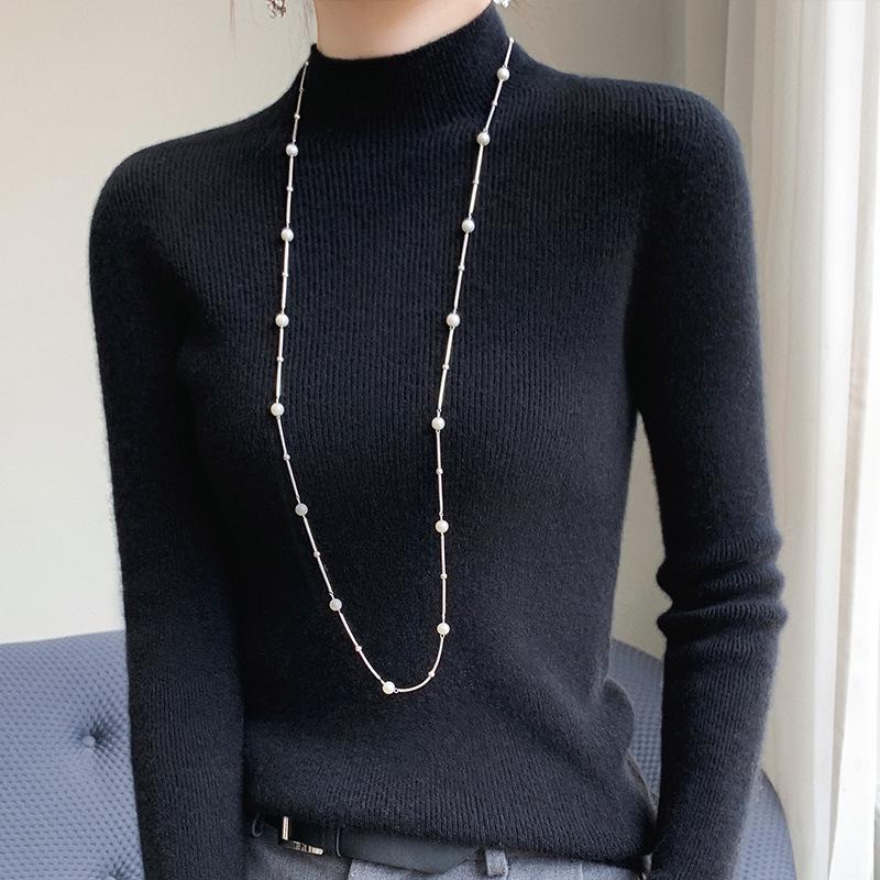 Women's Slim Fit Solid Color Knit Pullover Sweater – Autumn/Winter Long Sleeve Half-High Neck Base Layer