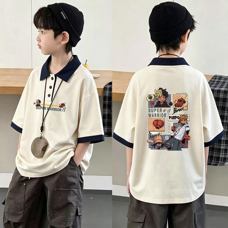 Boys' Loose Color-Block Cotton Polo Shirt - New Korean Style, Lapel Short Sleeve, Trendy Summer Top for Middle and Big Kids