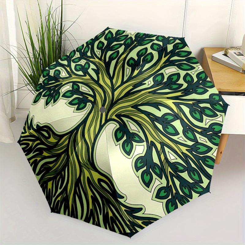 1pc Tree of Life Automatic Folding Umbrella - 8-Rib Iron Frame, Portable Sunshade with Plastic Handle yy250731284