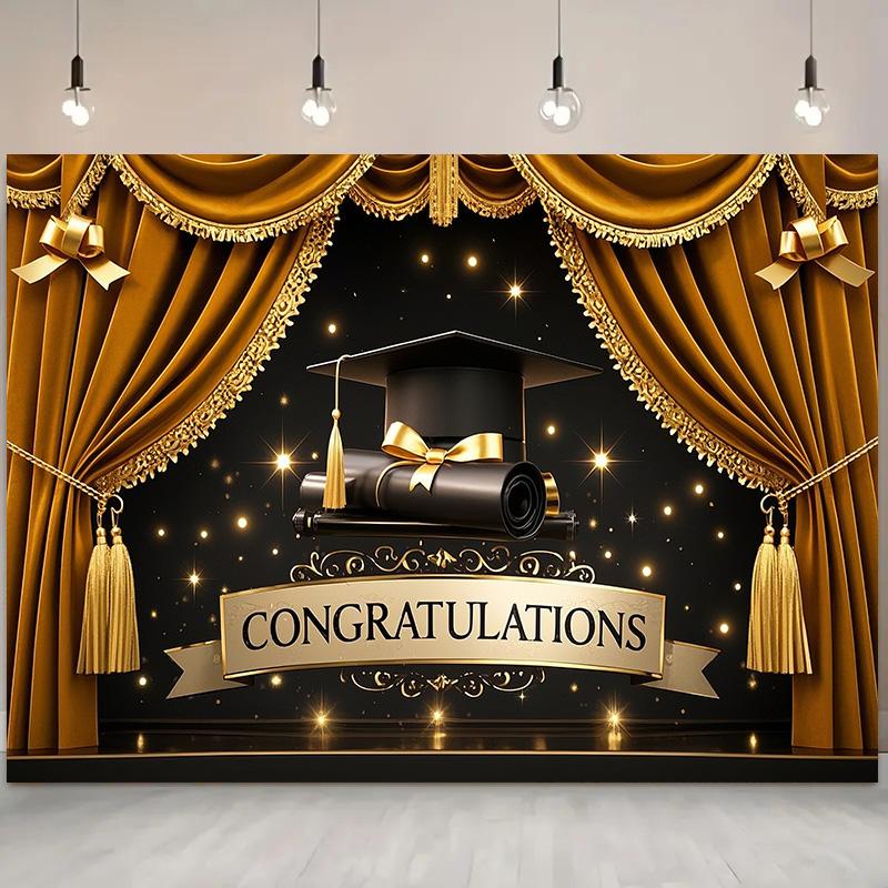 Pozadí na oslavu promoce, text "Gratulujeme", téma promoční čepice a závěsu pro domov, zahradu nebo svátek, promoční dekorace