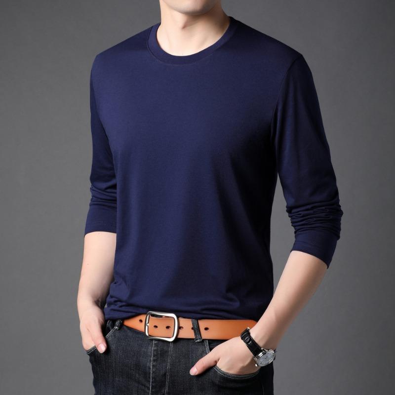 Men S Cotton Long Sleeve Round Neck Casual Solid T Shirt