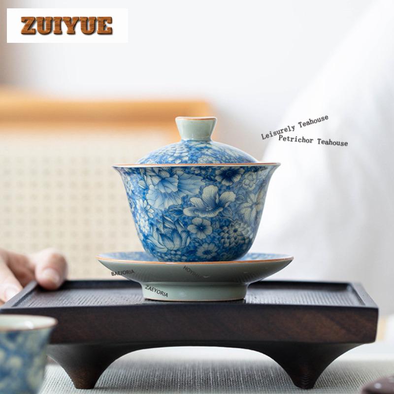 140ml Blue And White Ceramic Gaiwan Boutique Tea Tureen Tea Bowl With Lid Kit Tea Making Cover Bowl Kung Fu Tea Set Collection