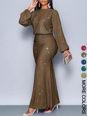 Modisches Perlen-Fischtail-Maxikleid mit Falten für Damen, enganliegend und sexy, mit langen Ärmeln