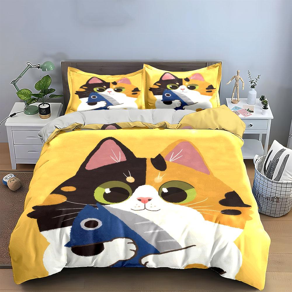 Cute Cat Illustration Decor Set Soft Comfortable Duvet Cover Bedding Set Included 1*Duvet Cover & 2*Pillowcases, Gift