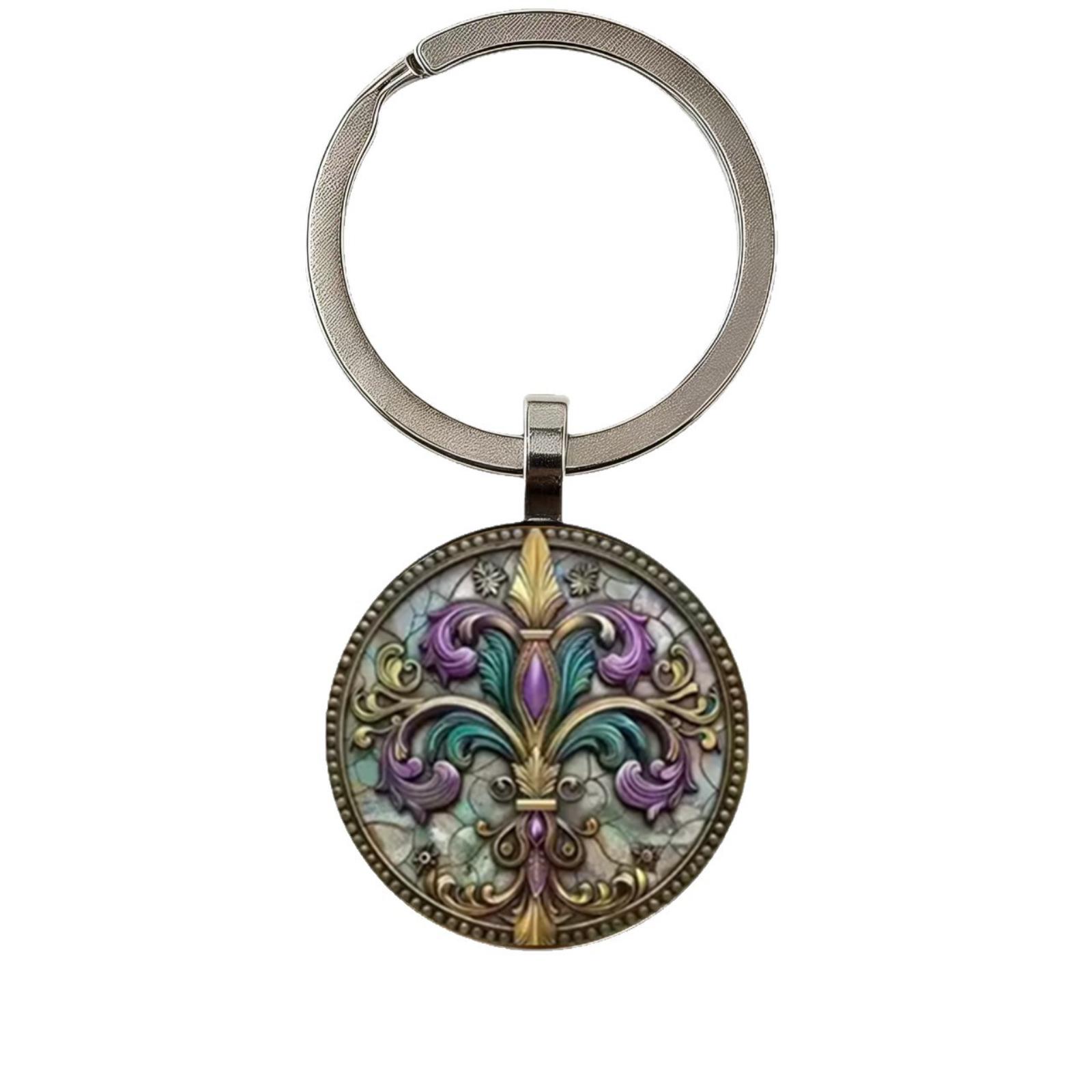 Цветочный дизайн, Ретро и Великолепный, Круглая металлическая брелок-подвеска со стеклом One Size