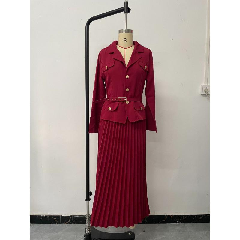 Europe, America autumn new Amazon cross-border solid color temperament lapel blazer pleated suit skirt XS
