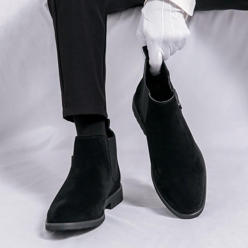 Mens Chelsea Boots Winter Suede-Like PU Round Toe Thick Sole Retro Style Mid-Calf Fashion Footwear