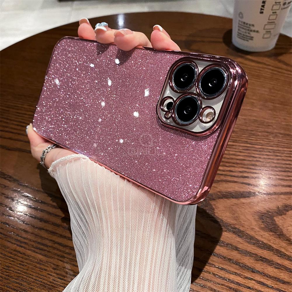 Luxury Square Plating Glitter Case for iPhone 16 15 14 Plus 13 12 Mini 11 Pro Max X XR XS Shiny Bling Soft Clear Silicone Cover