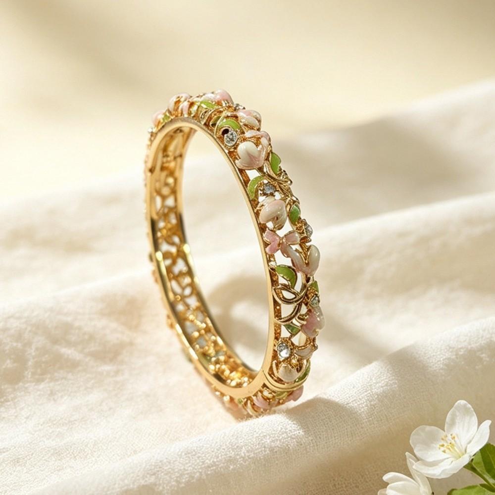Hollowed Floral Chinese Flower Bangle Enamel Women's Hand Bracelet Gifts for Women Girl