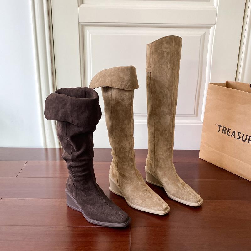 Over-knee Boots Women's Winter Fashion Boots Suede Square Head Slope Heel Piled Boots Women Commuting Two Wear Pleated Thin Boots