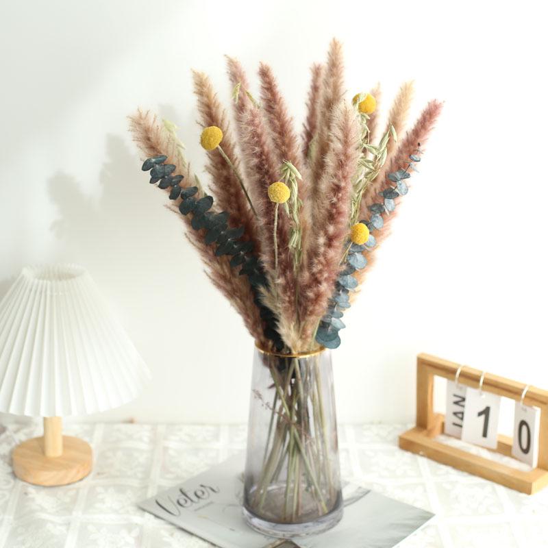 Nordic Style Mixed Dried Flower Bouquets with Reeds, Dusters, Golden Balls, and Lagurus Ornaments for Home Decor.