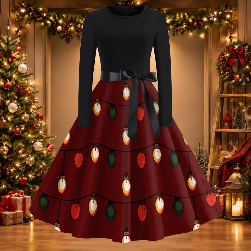 Damen Vintage Christmas Print Rundhals Freizeitkleid