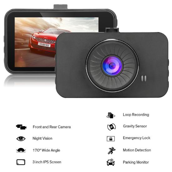 1 Set Dash Camera Broad Angle Multi-function 1296P 3-Inch Ultra HD-compatible