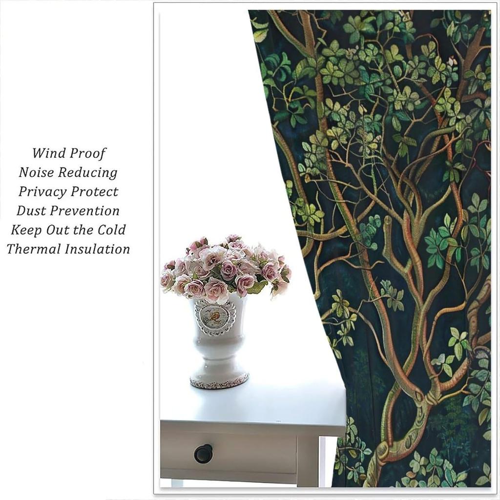 Rustic Farmhouse Forest Blackout Curtains   Vintage Watercolor Green Forest Tree Nature Landscape Window Drapes   for Living Room