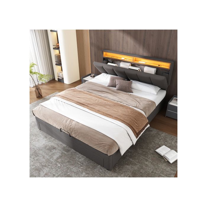 Bed - MUVOE - 140x190 Cm - Upholstered - LED Lighting - Storage Drawers