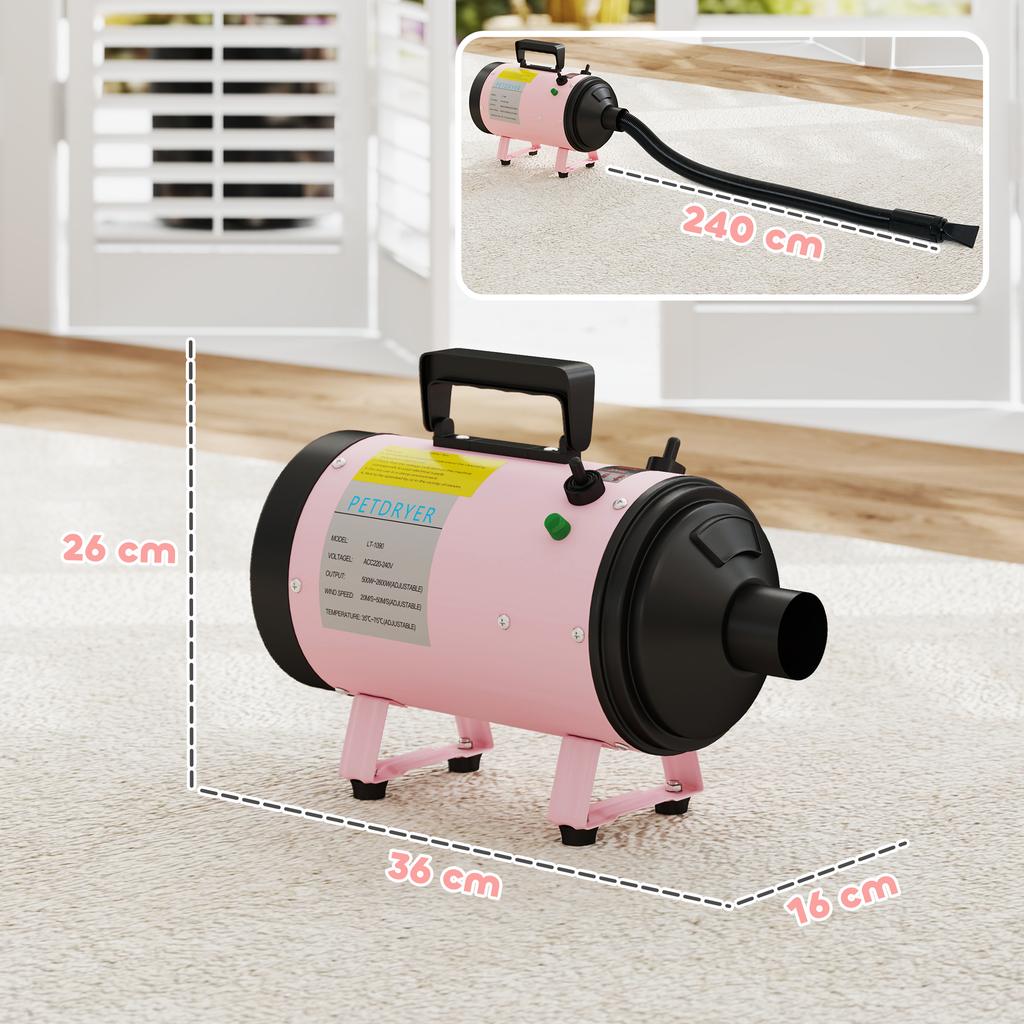 2200W Dog Hair Dryer with Adjustable Temperature & Velocity, 3 Different Nozzles, Pink
