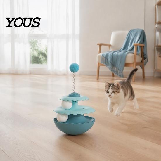 Interactive Pet Toys for Cats 2PCS Cat Tumbler Track Toy, Multi-Layer Turntable Toy Spring Powered Teaser with Plush Ball, Self Play Puzzle