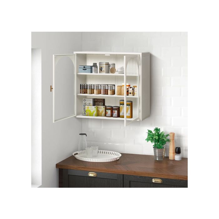 Armoire Murale Moderne À Double Porte Avec Portes Vitrées De 70 Cm, Comprenant Trois Étagères De Rangement, Blanche.